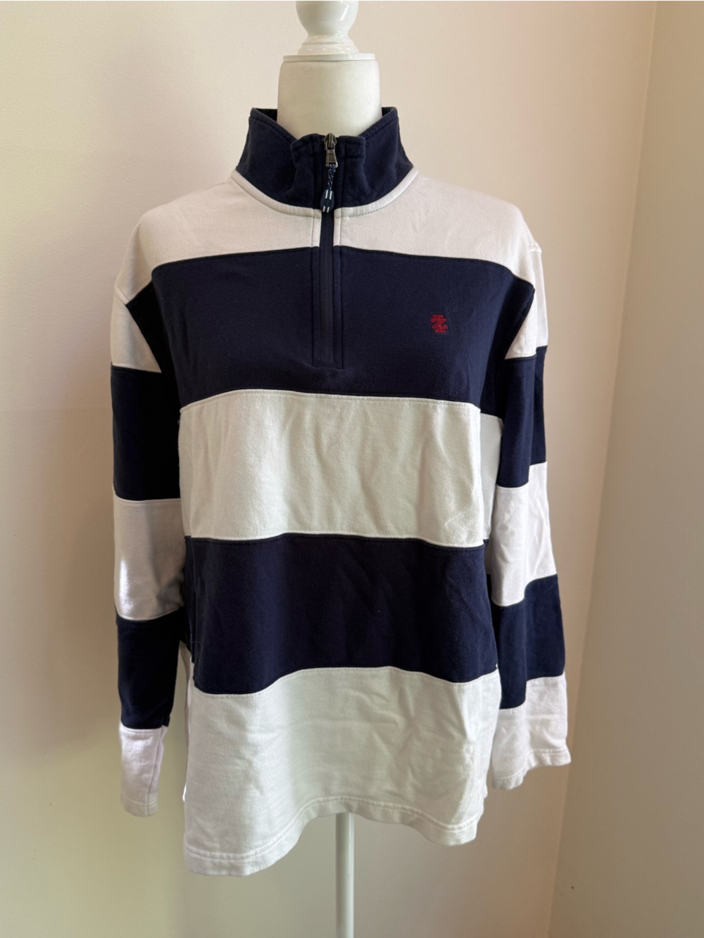 Izod Navy and White Striped Quarter-Zip Pullover